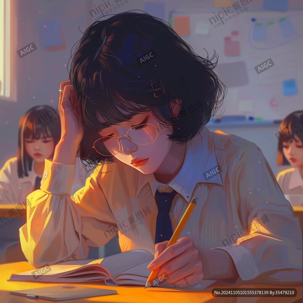 女学生夕阳下插画
