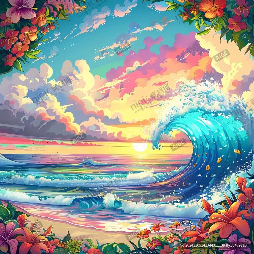 手绘海浪旭日东升