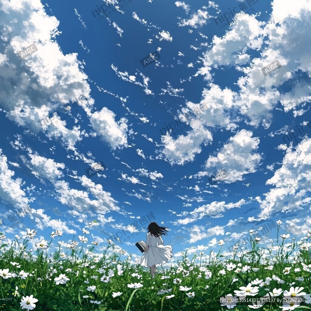 蓝天白云女孩插画