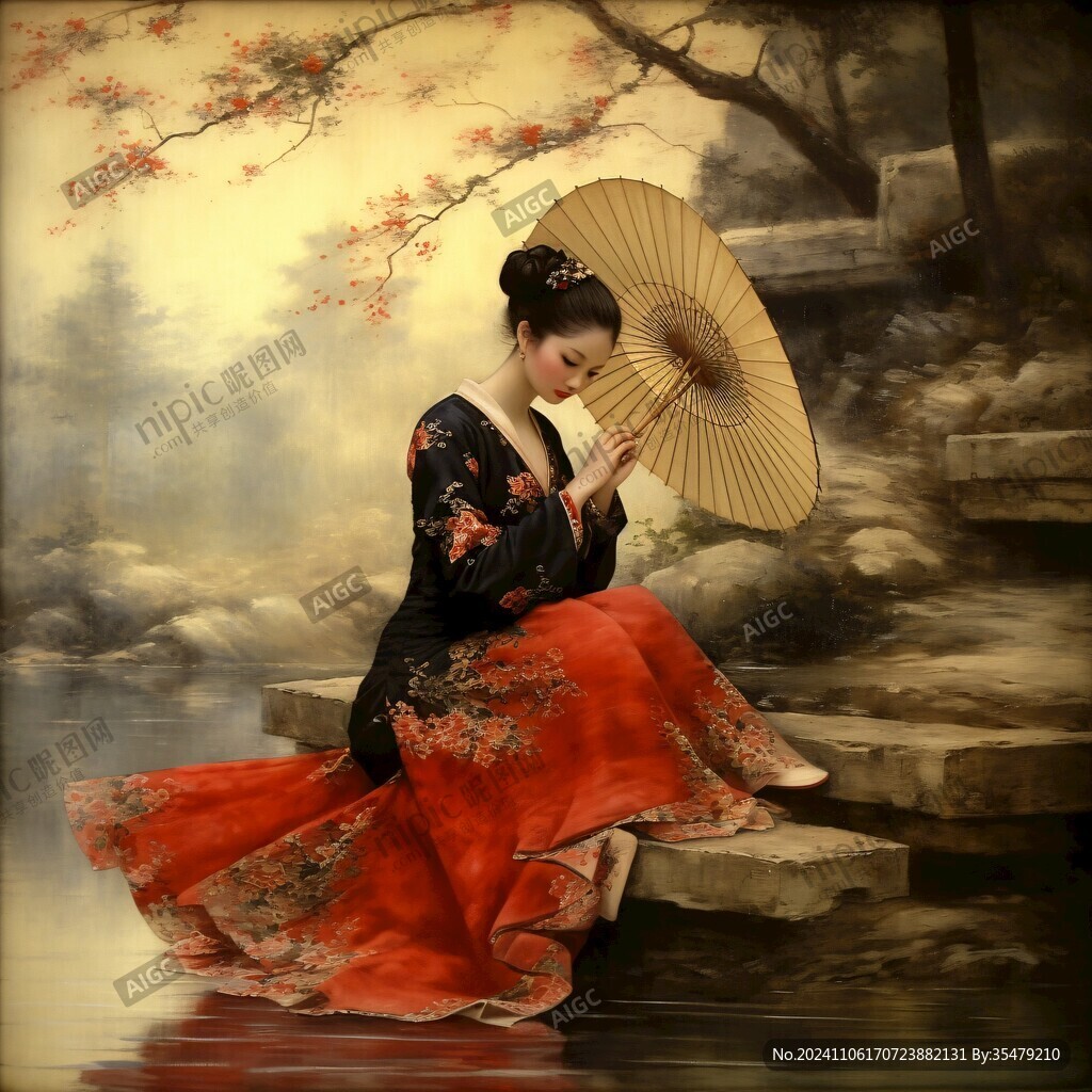 拿着油纸伞的女人蜡像