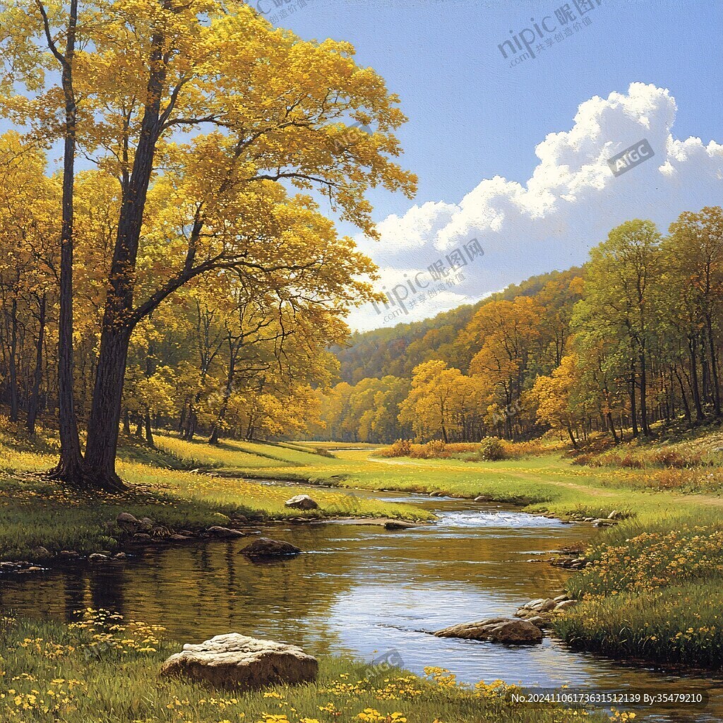 秋天溪流草地风光