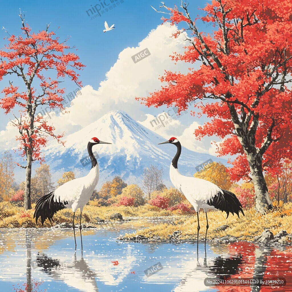 唯美仙鹤风景插画