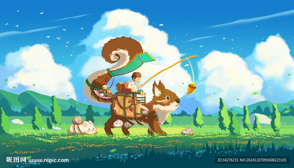 治愈风松鼠公交车插画