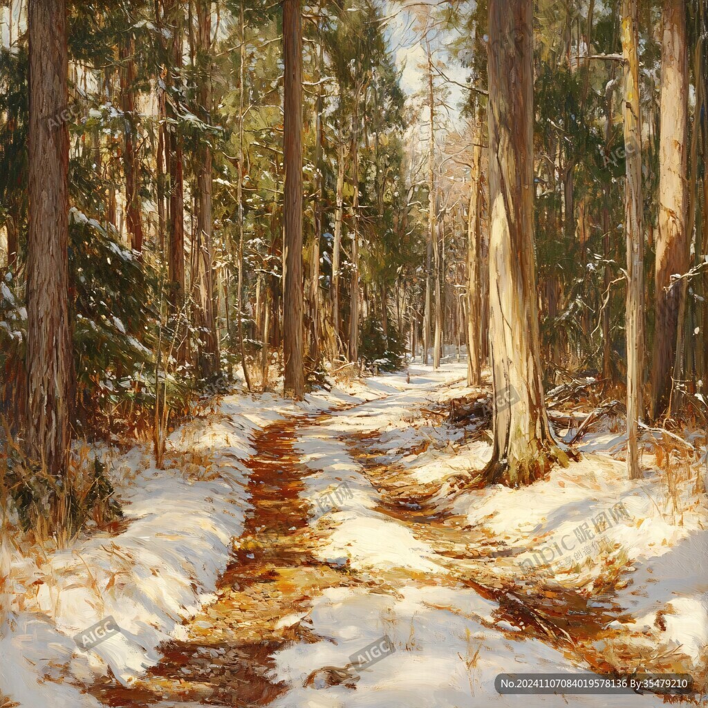 林间积雪道路车辙