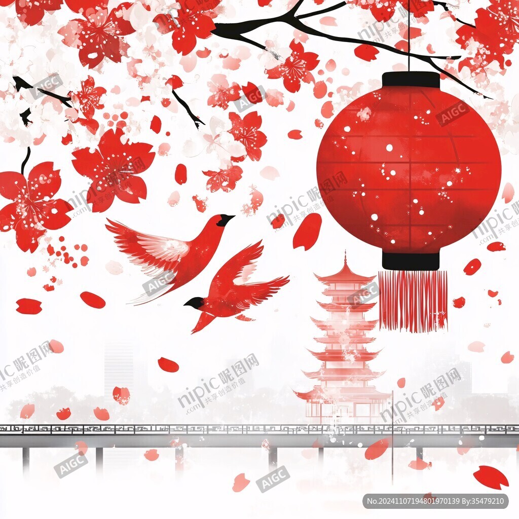 手绘建筑花鸟背景