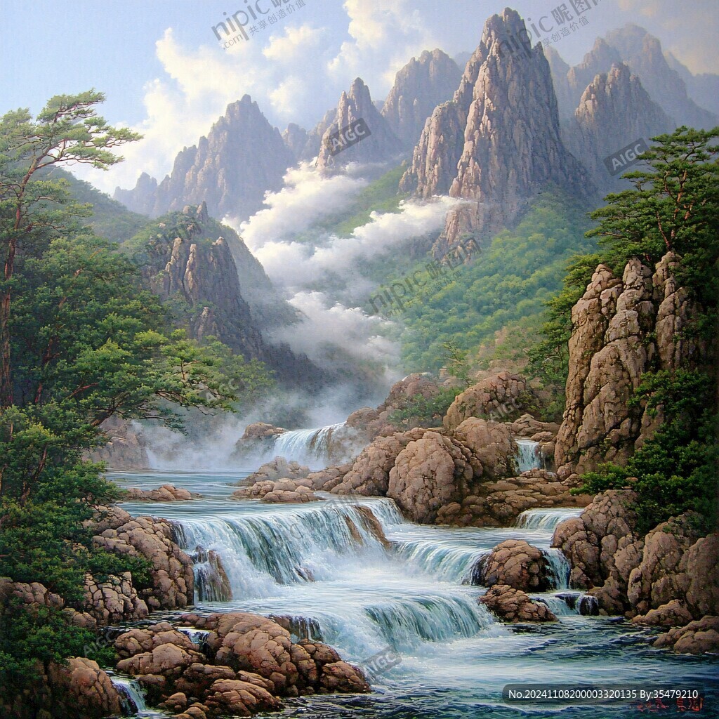 山水风景油画瀑布