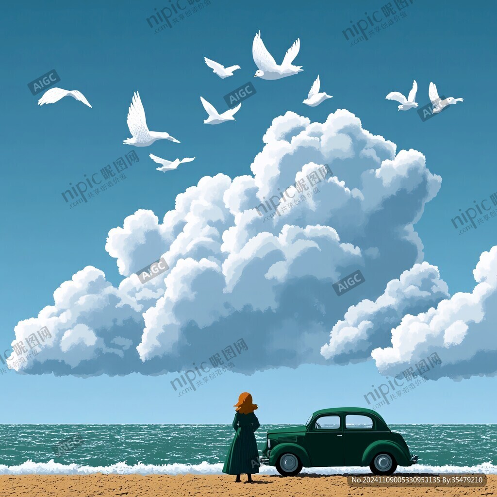 蓝天白云女孩插画