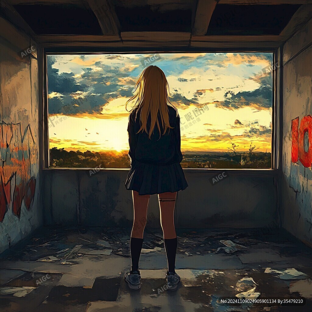 女学生夕阳下插画