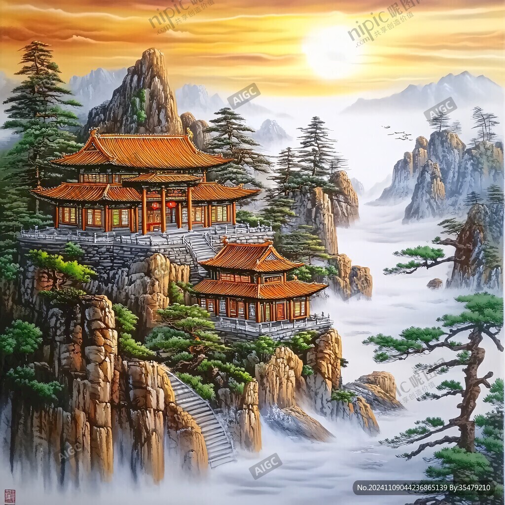 旭日东升楼阁山水画