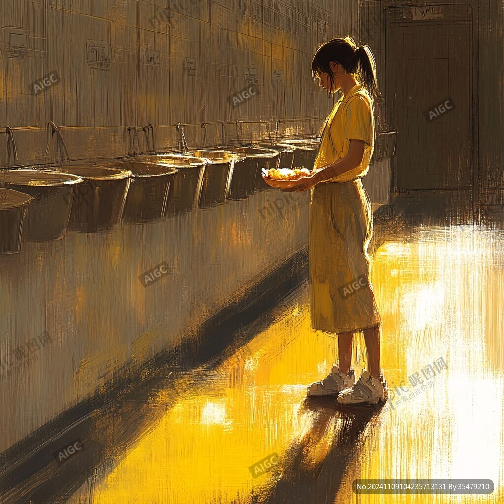 女学生夕阳下插画