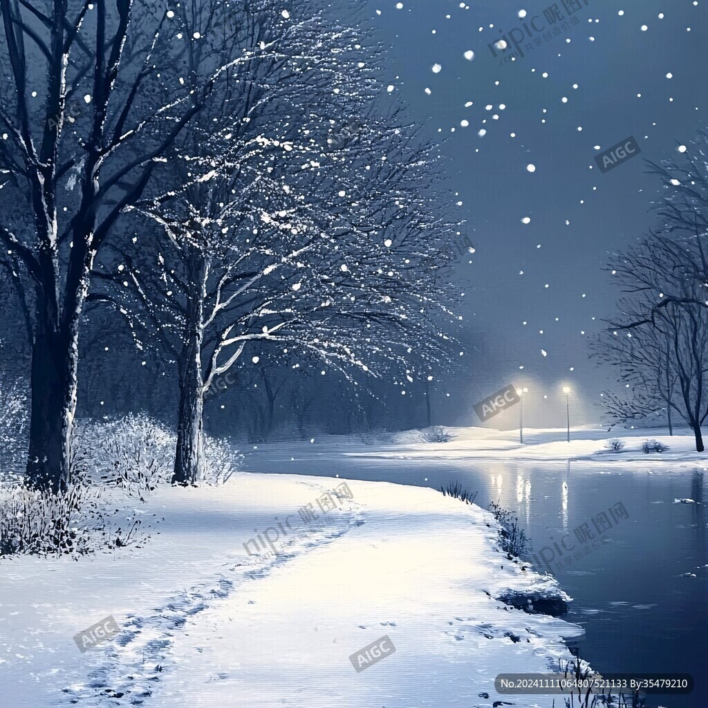 手绘雪夜风景无框画