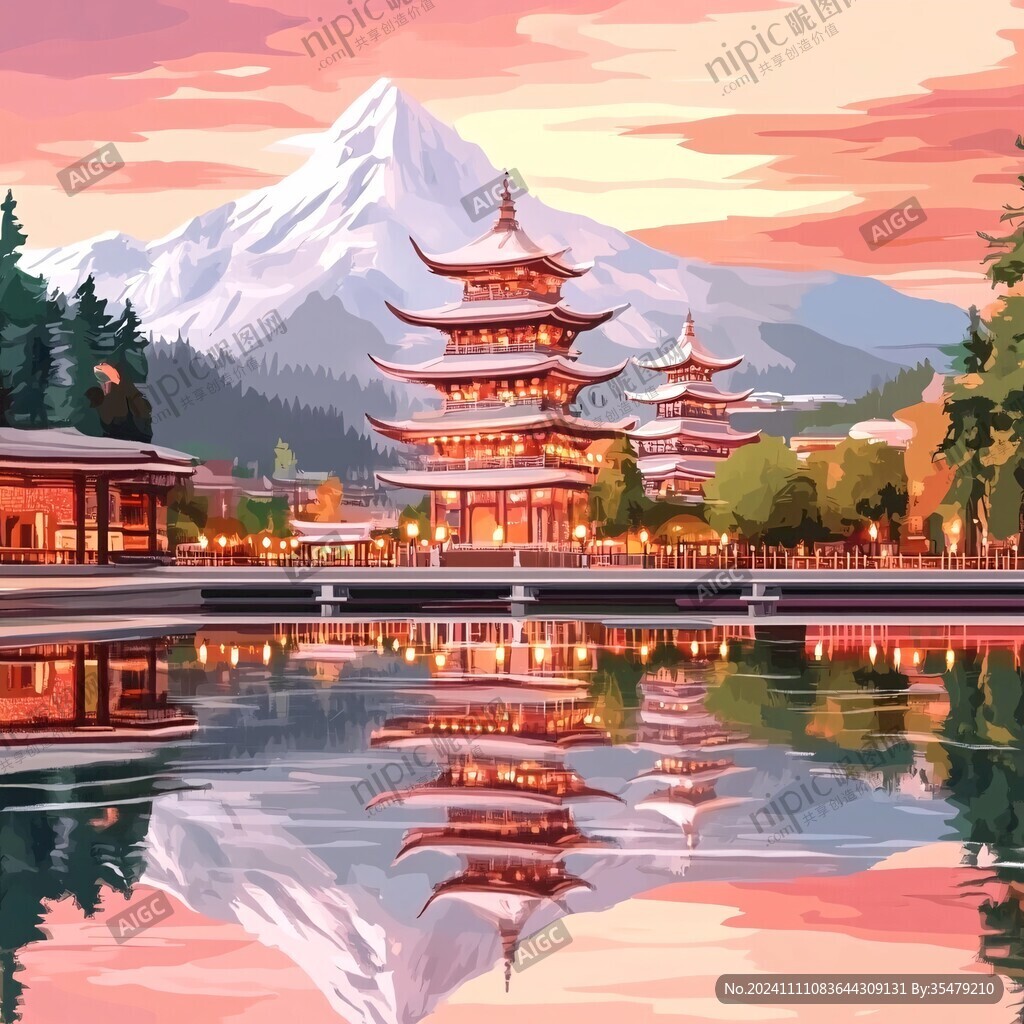 横店地标建筑山水画