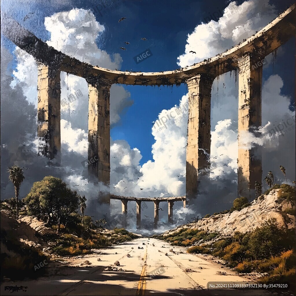 油画风景油画大桥