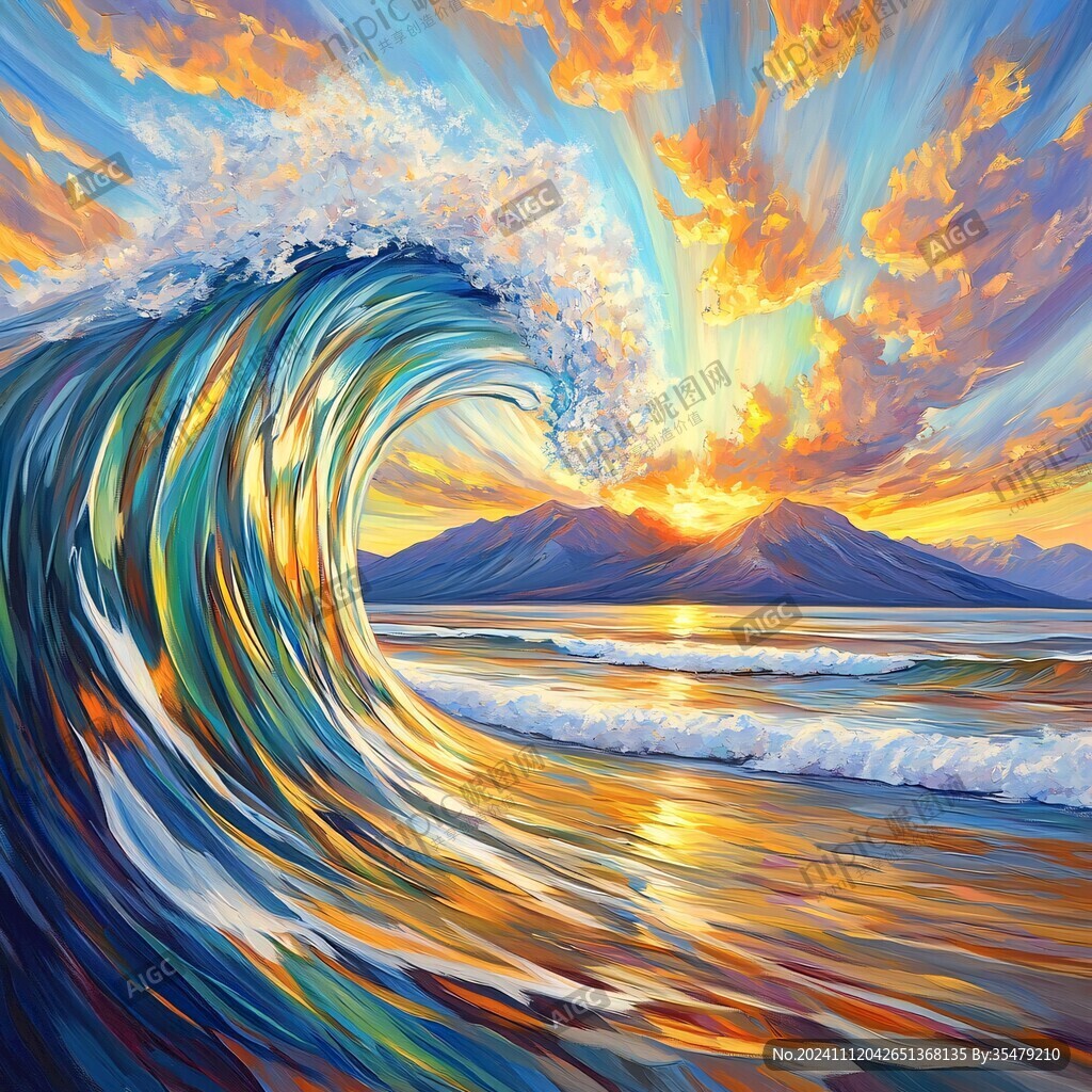 手绘海浪旭日东升