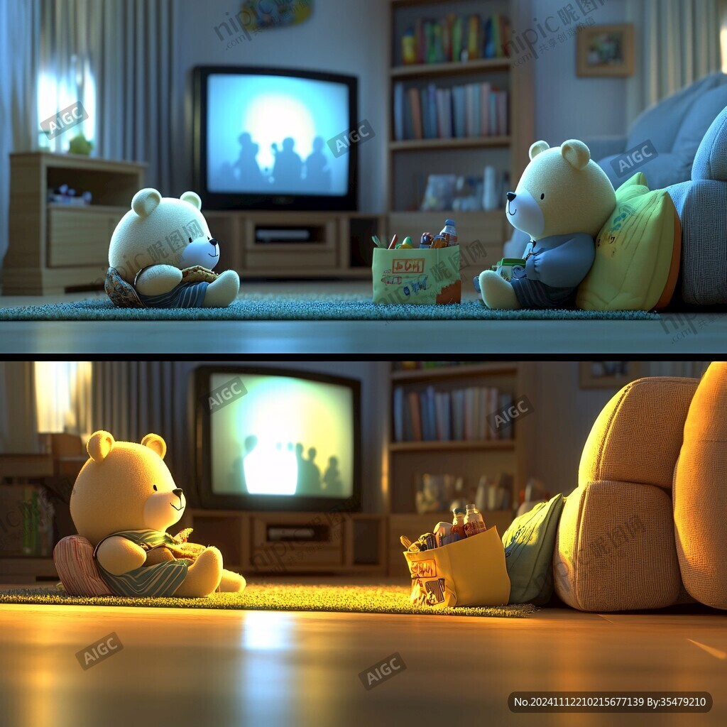 小熊室内野外场景插画