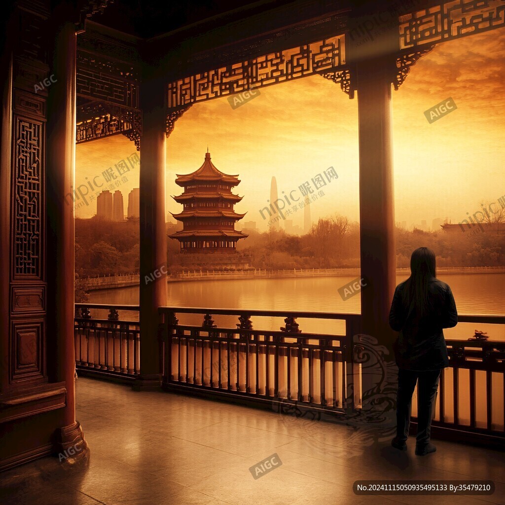 亭台楼阁旭日东升