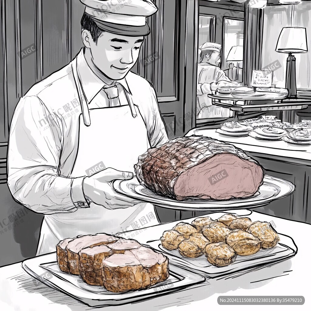大厨切火腿线稿