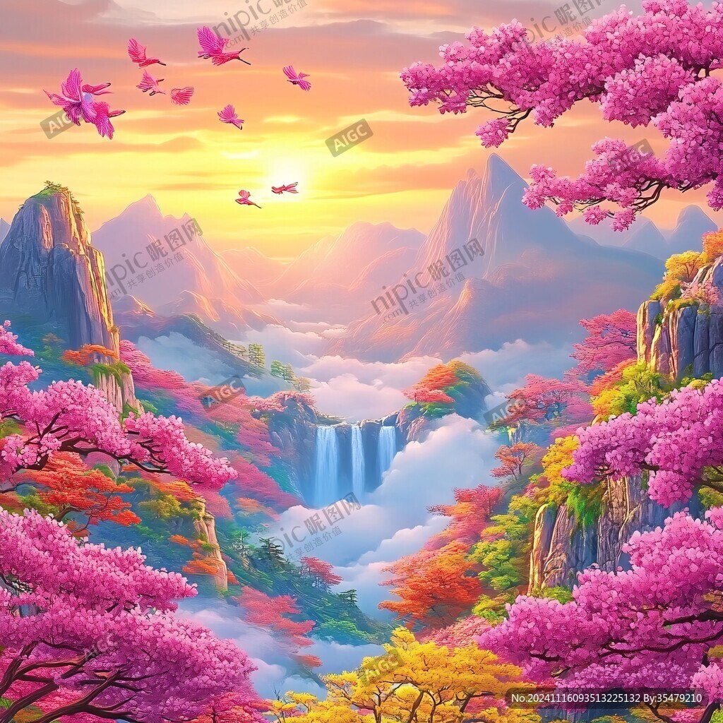 花瓣飘落山水画