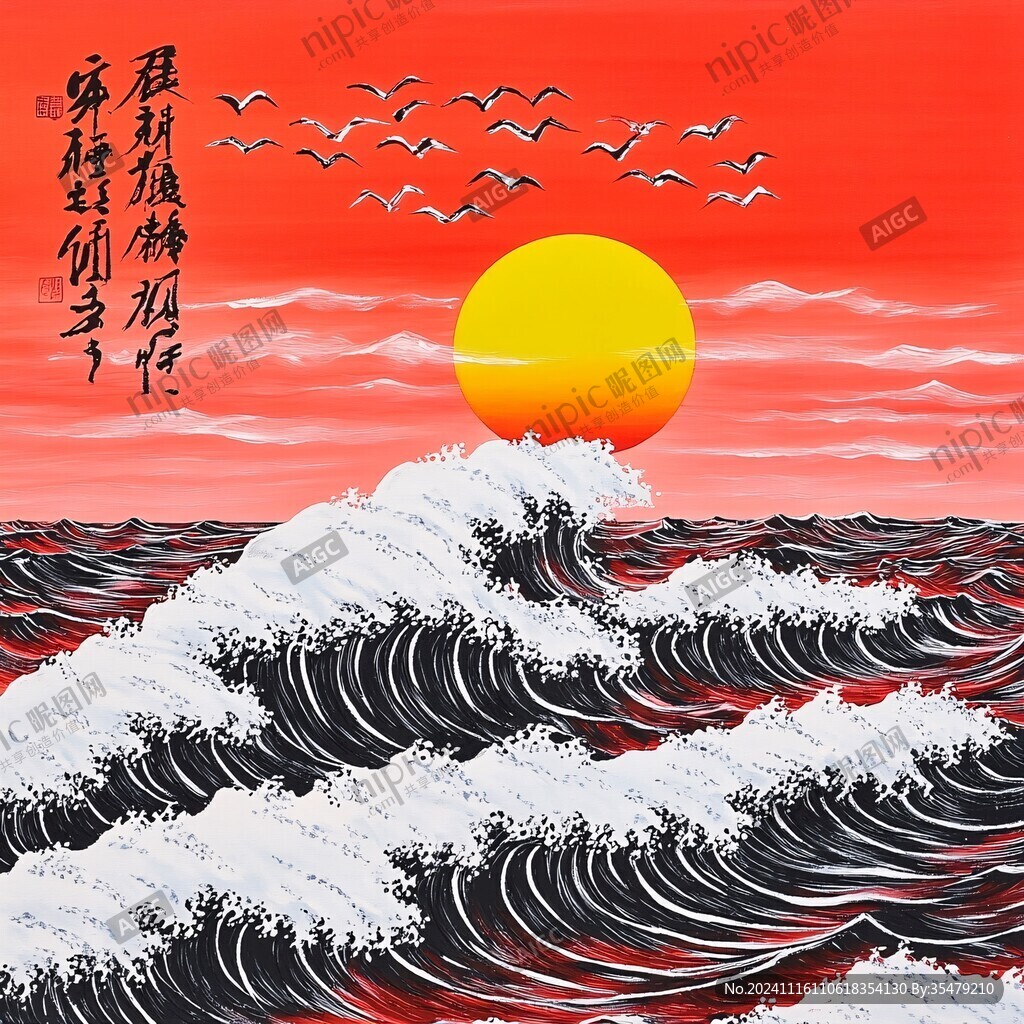 手绘海浪旭日东升