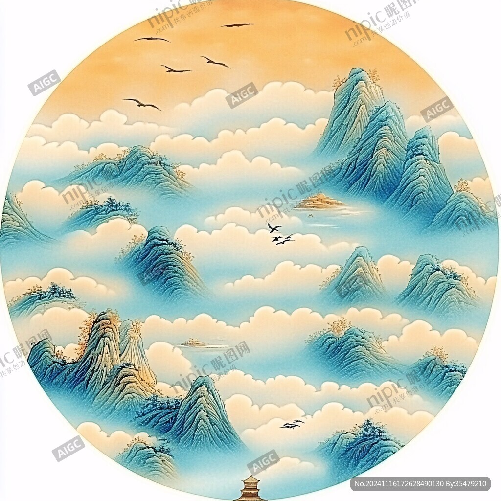 圆形国潮山水画