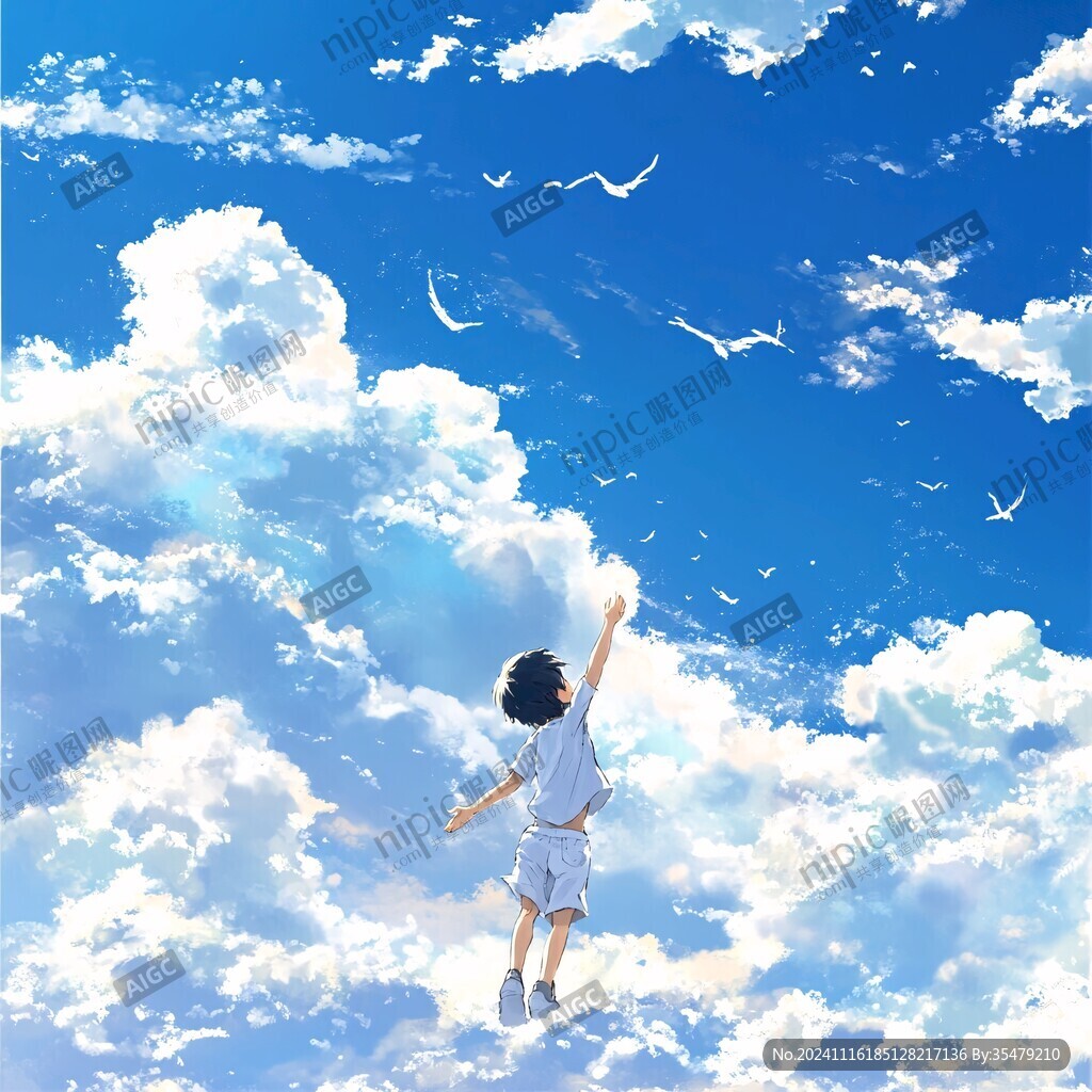 蓝天白云女孩插画