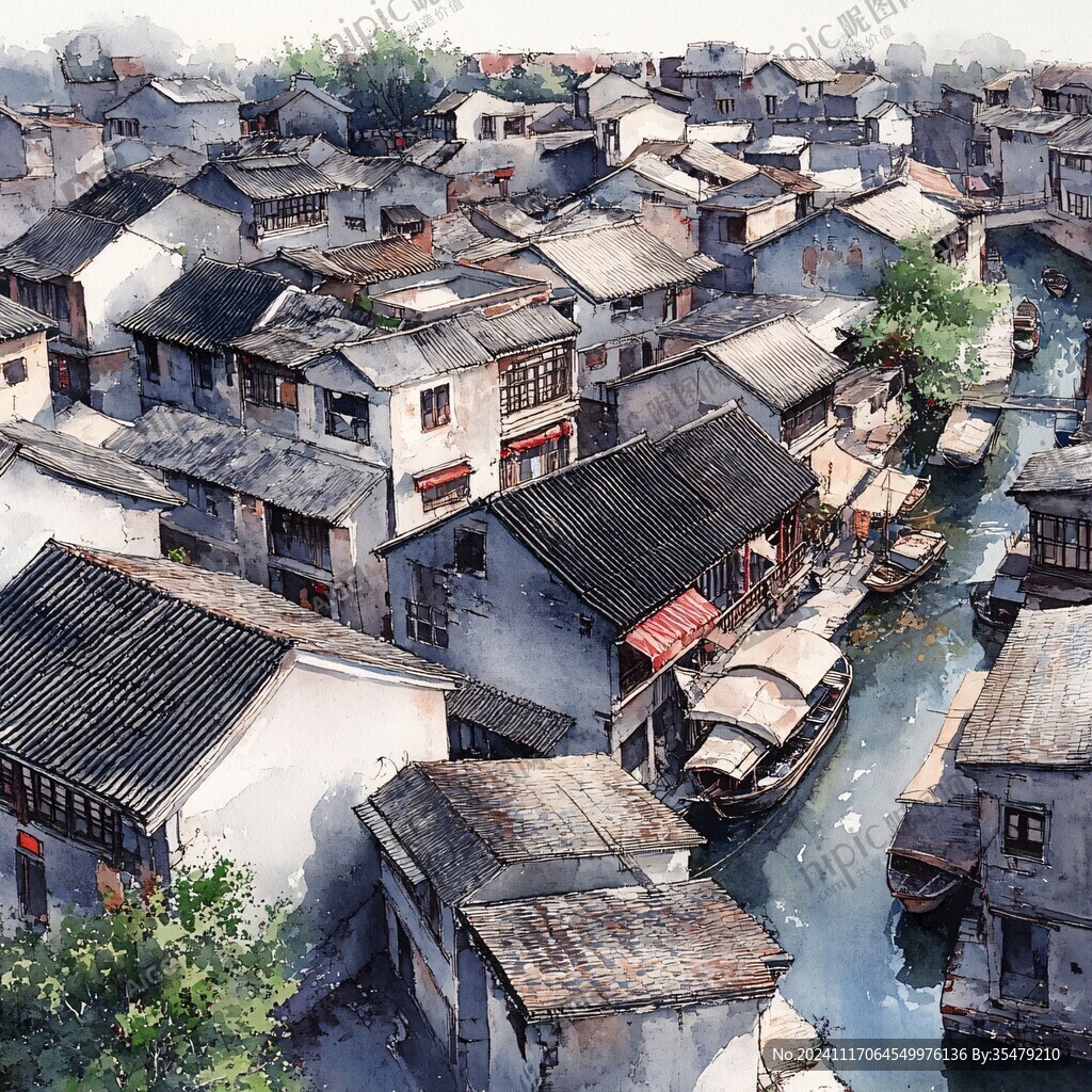 写实古镇插画