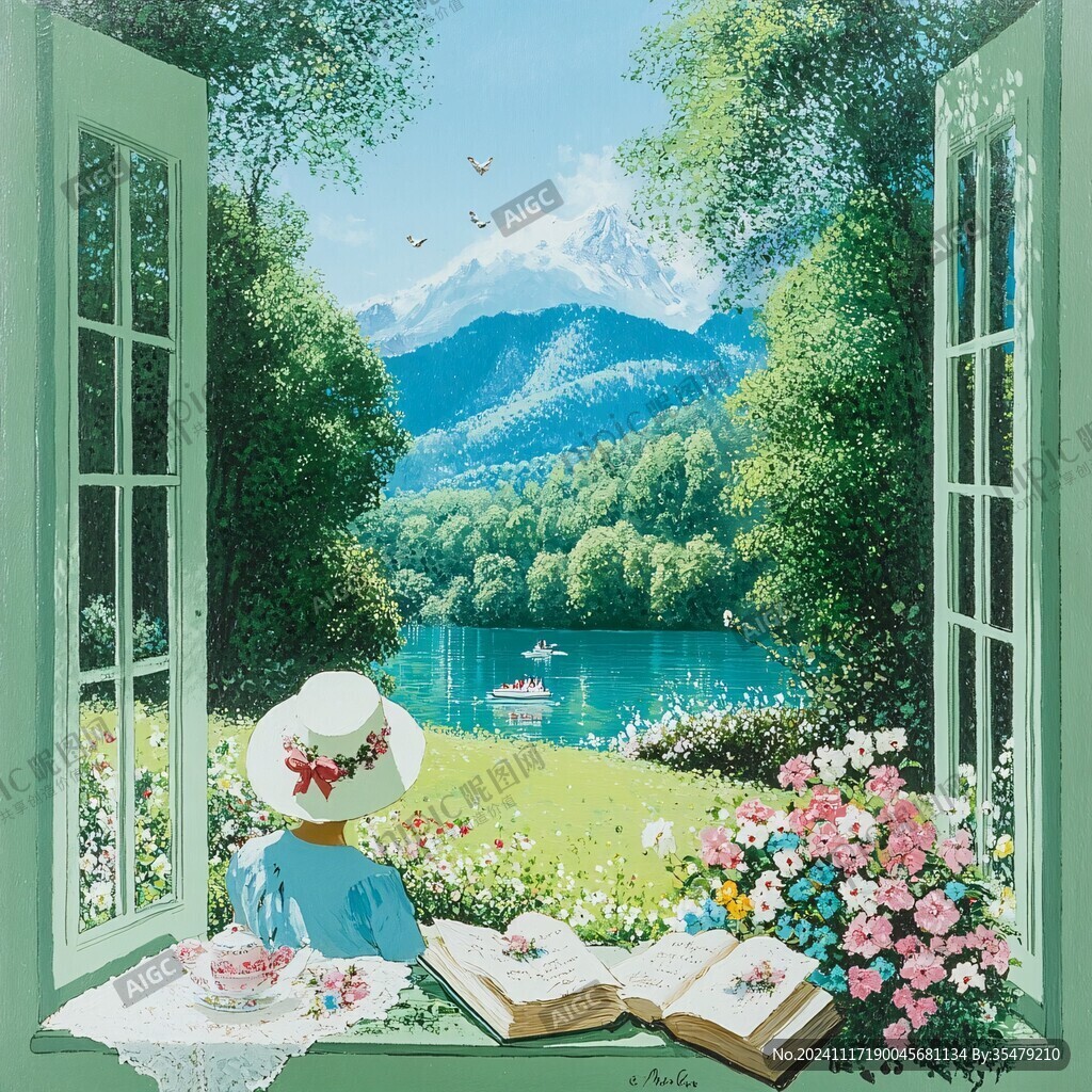 开满鲜花的窗户插画