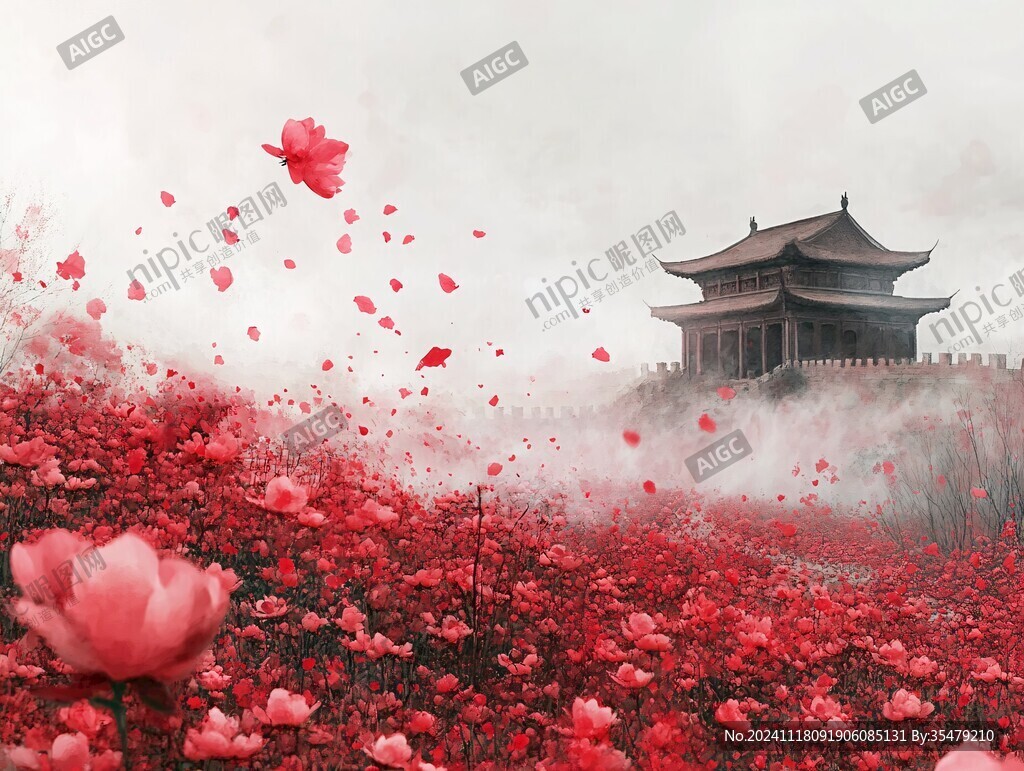 花瓣飘落山水画