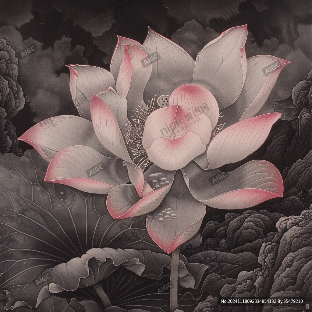 手绘金属质感荷花