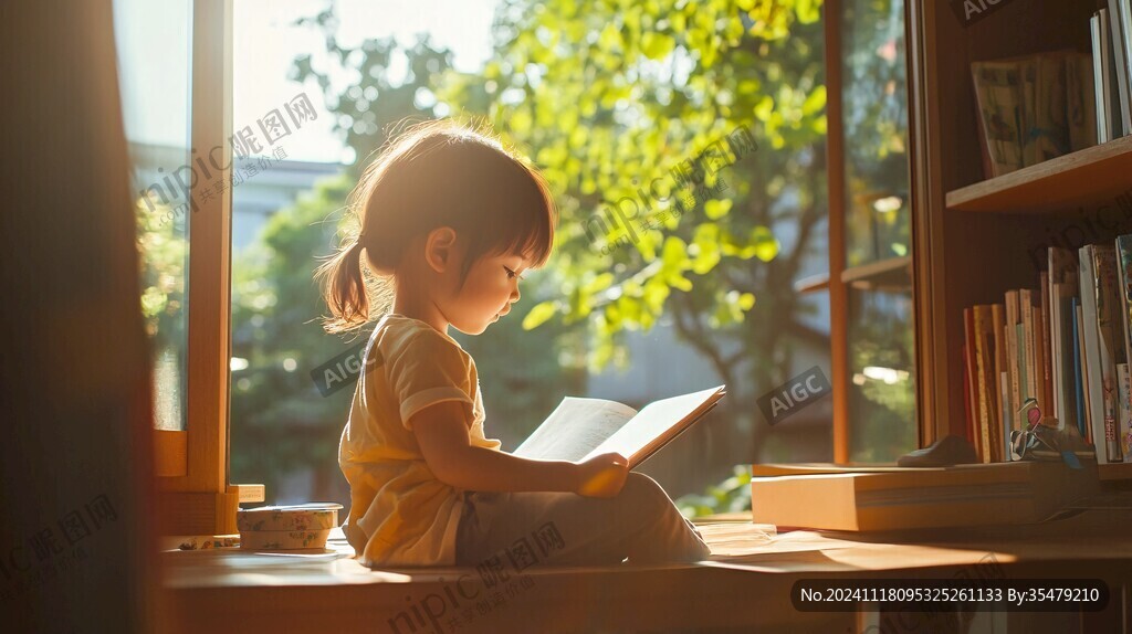认真看书的小姑娘
