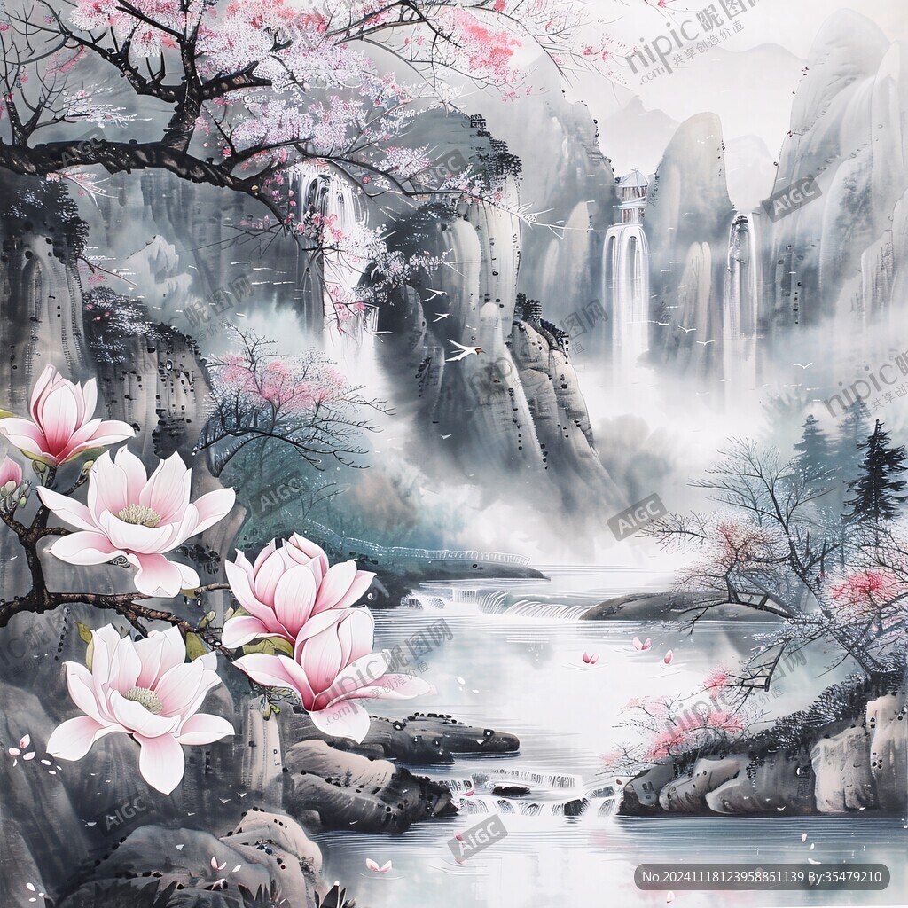 花瓣飘落山水画