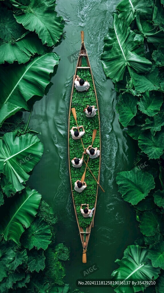 俯拍竹筏游船