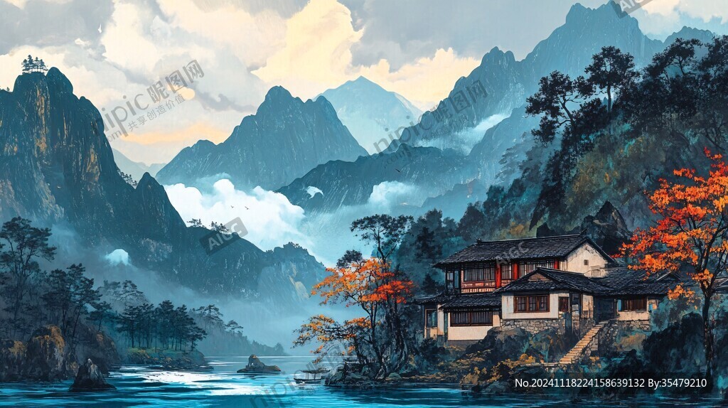 高清彩色客厅山水