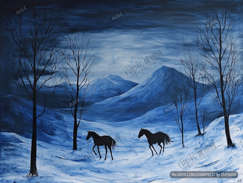 手绘雪夜风景无框画