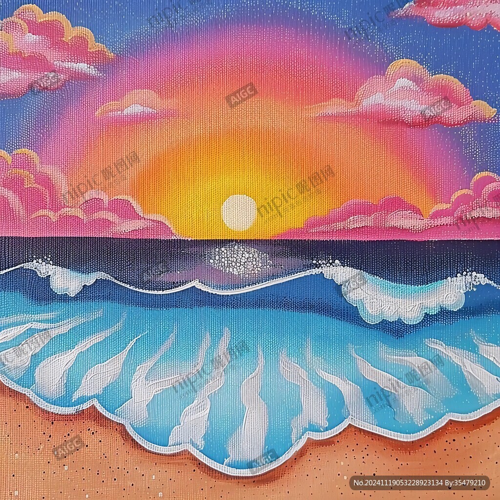 手绘海浪旭日东升