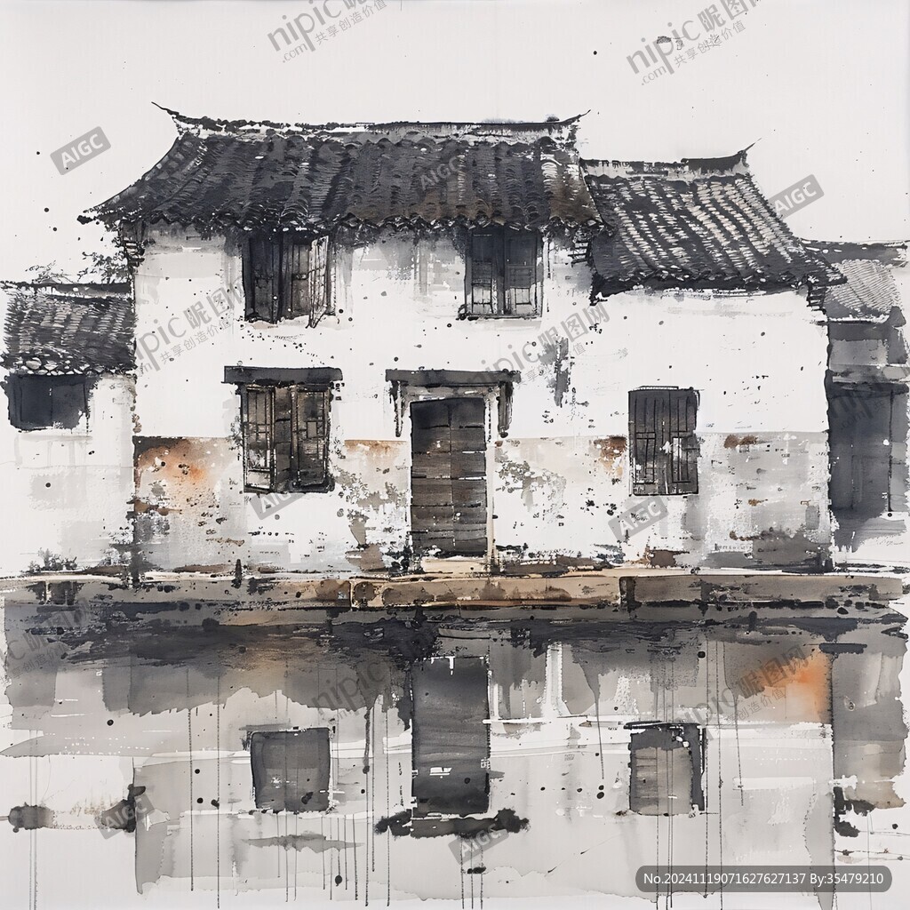 徽派建筑水彩