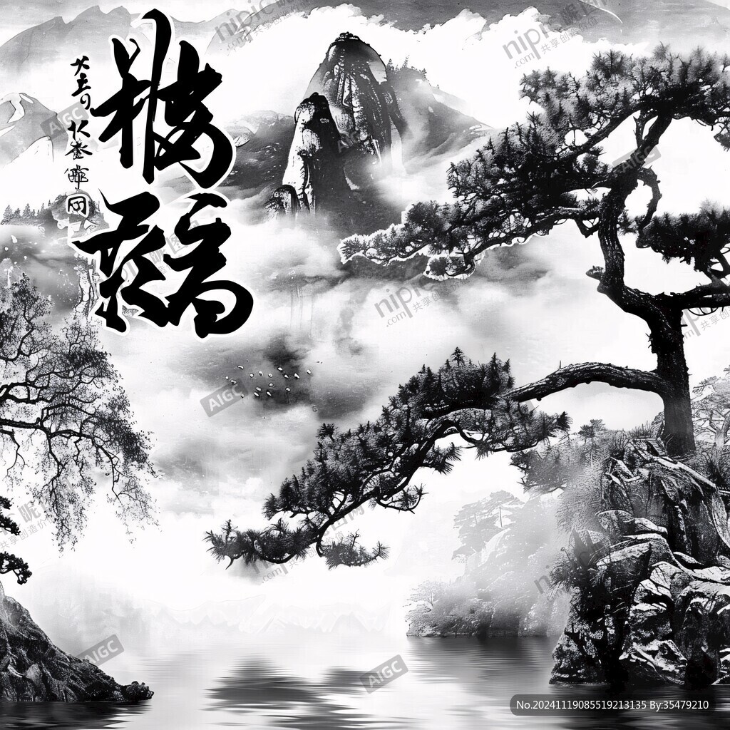 迎客松松树禅意山水