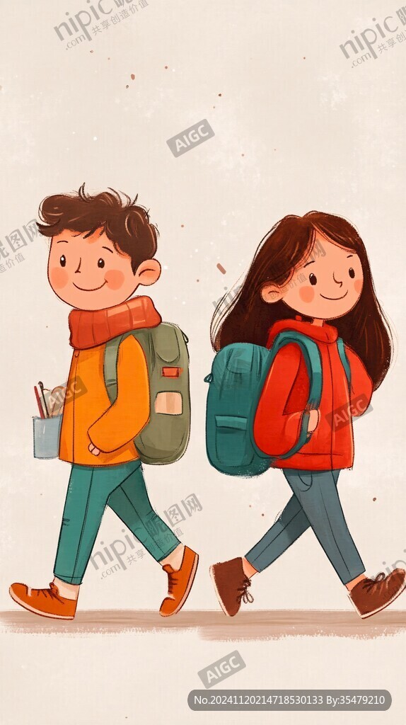 背着书包的男孩女孩