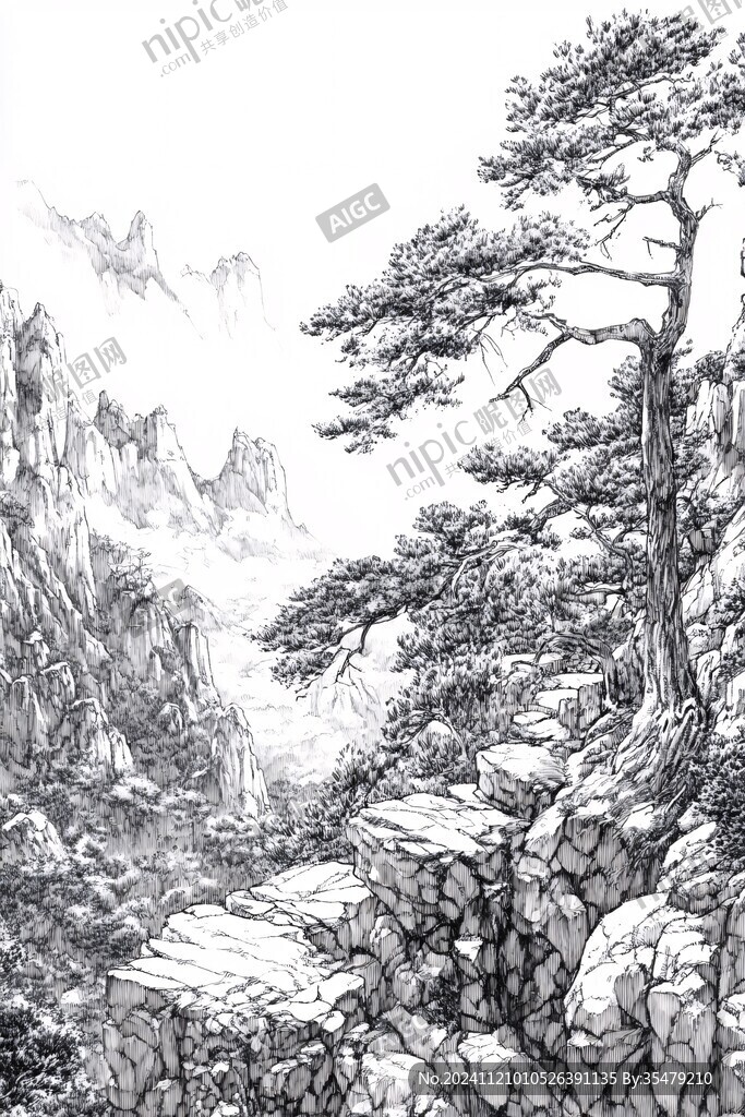 白描松树山水