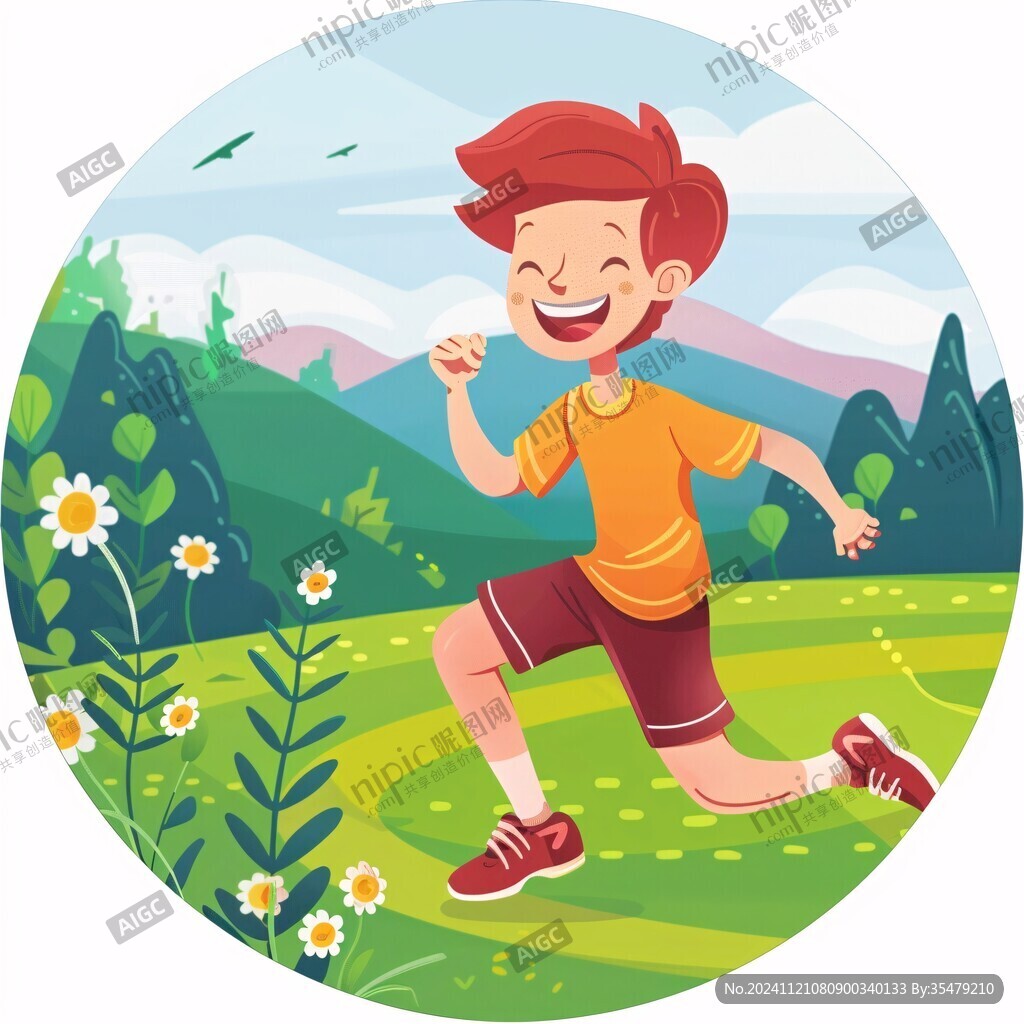 草地奔跑的少年插画
