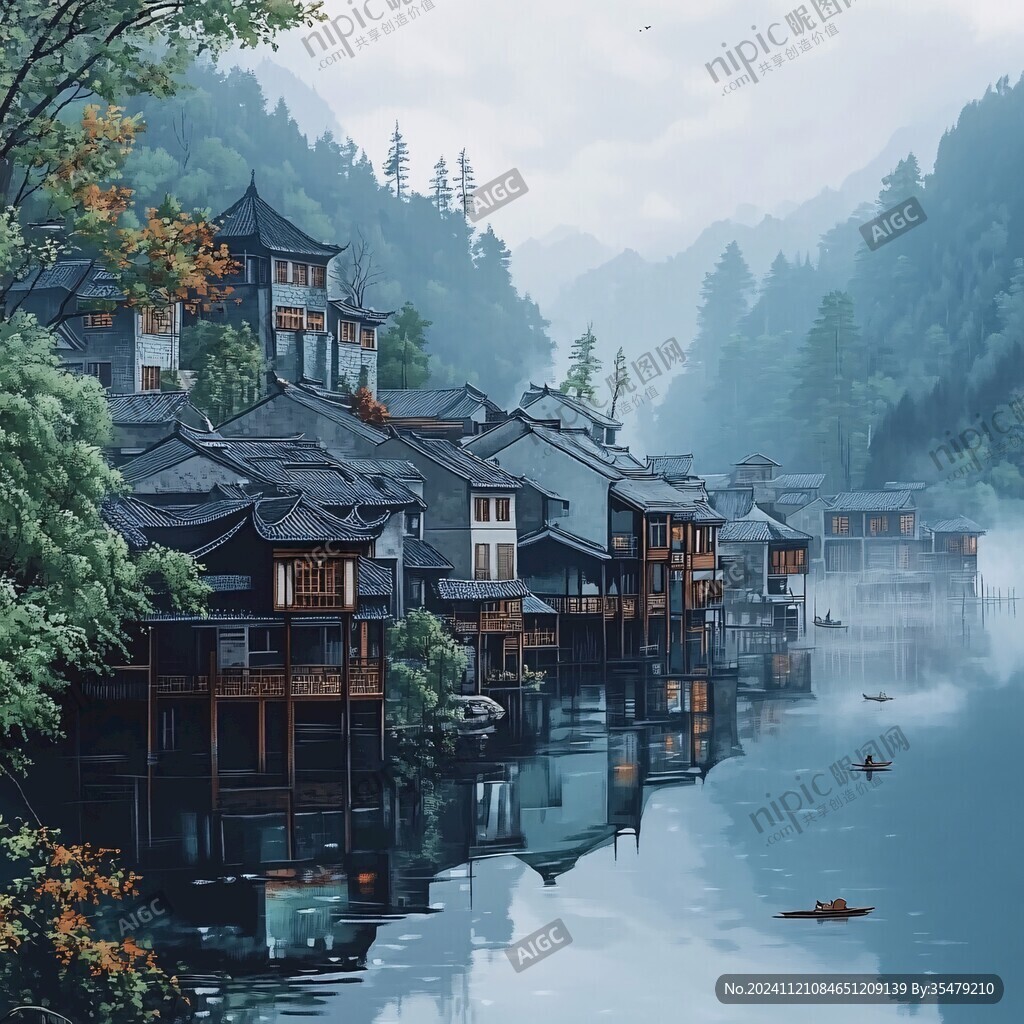 烟雨江南古风山水插画