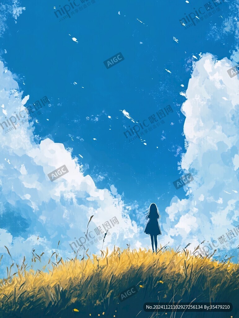 蓝天白云女孩插画