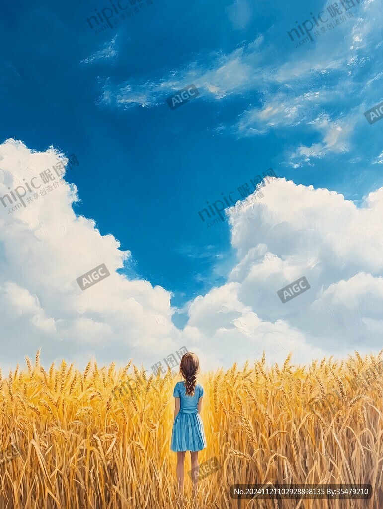 蓝天白云女孩插画