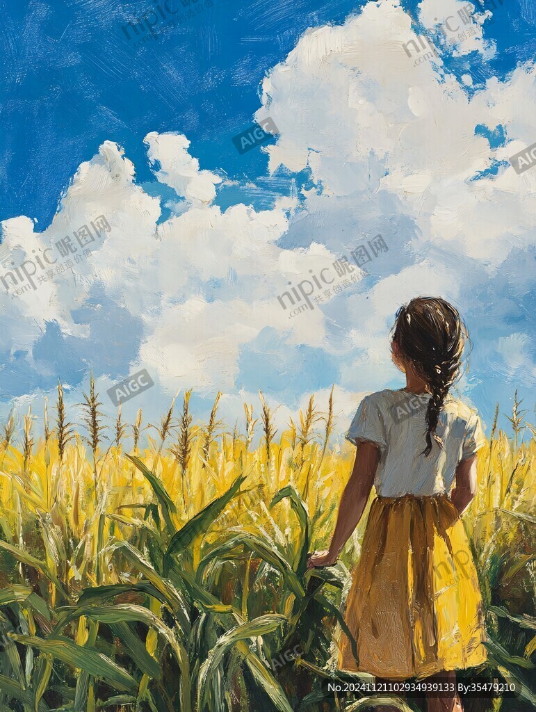 蓝天白云女孩插画