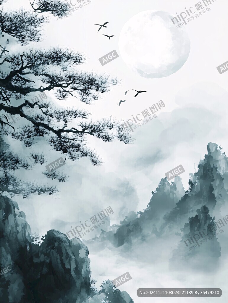 迎客松松树禅意山水