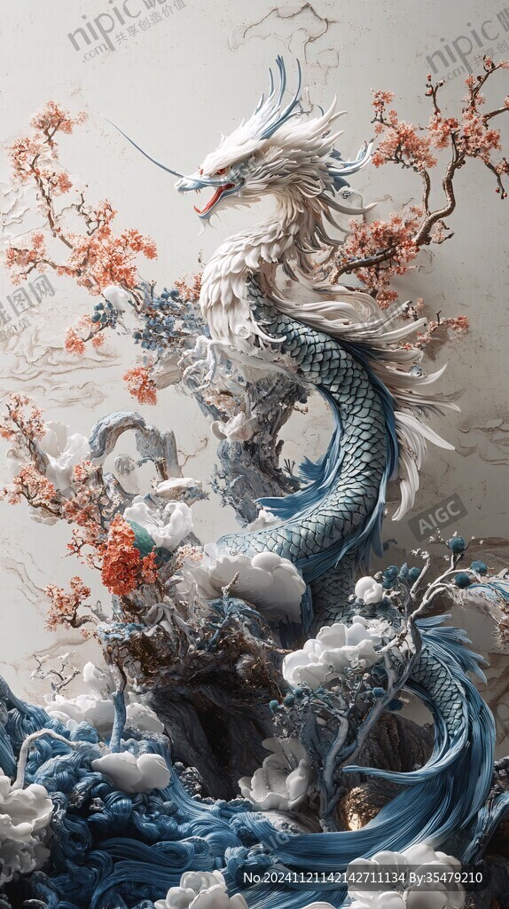 樱花树与蓝白龙雕塑