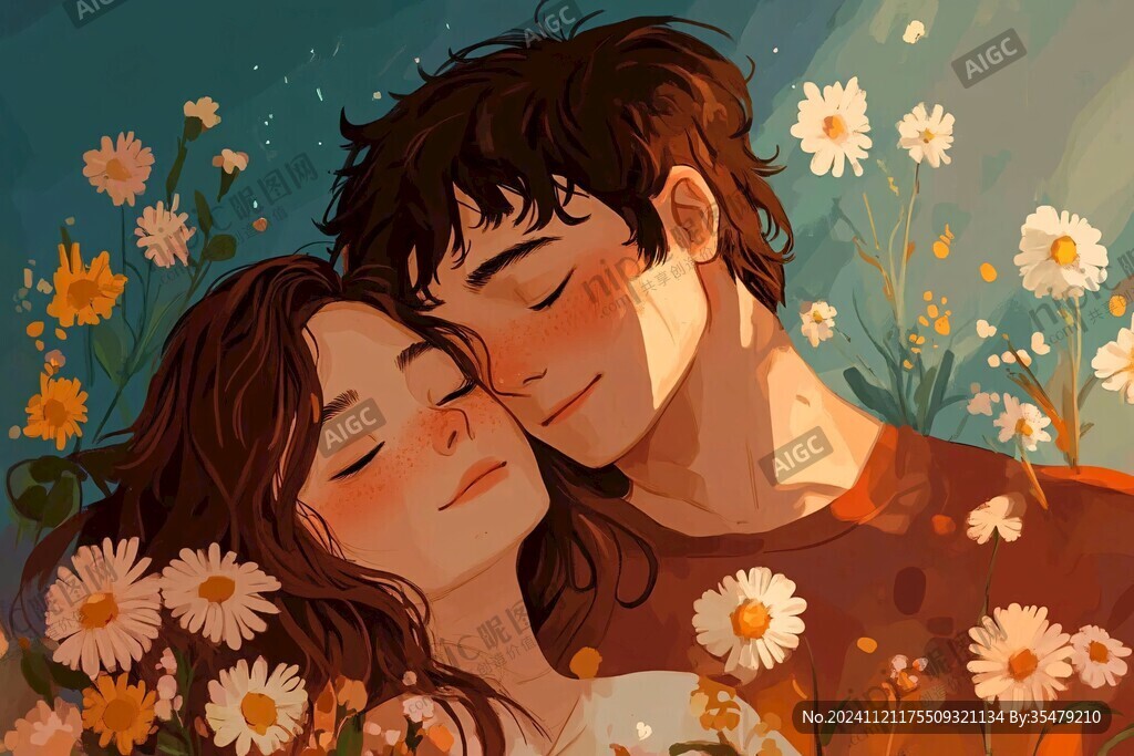情侣拥抱浪漫插画