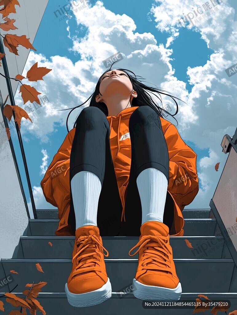 女学生夕阳下插画