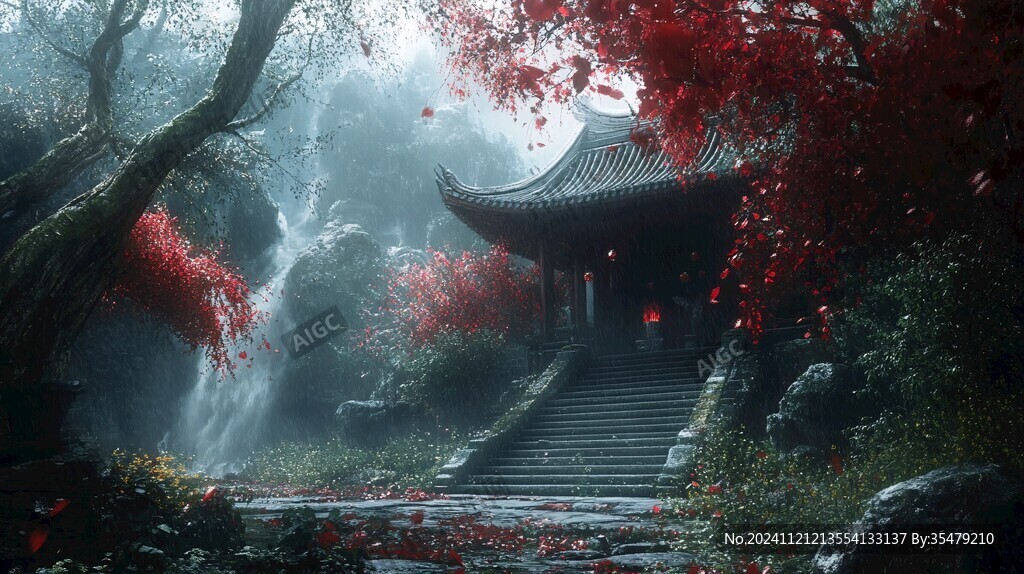 中式民居红枫树