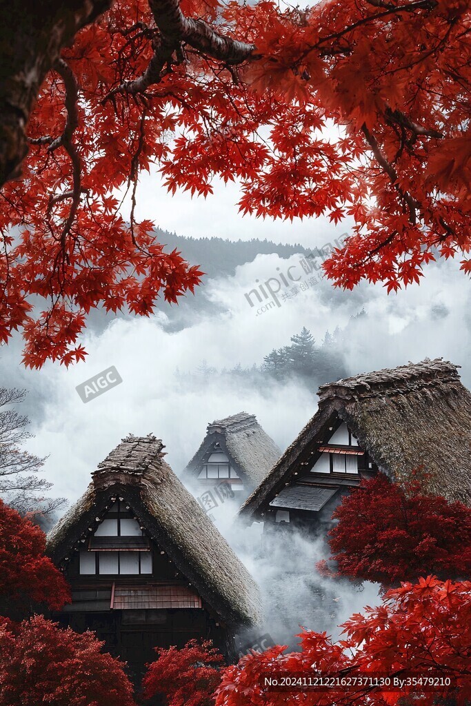 中式民居红枫树